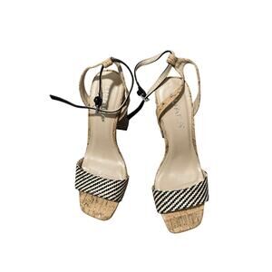 Liliana SZ 7 Cork Striped Block Monochromatic Open Toed Heels Preppy Minimalist